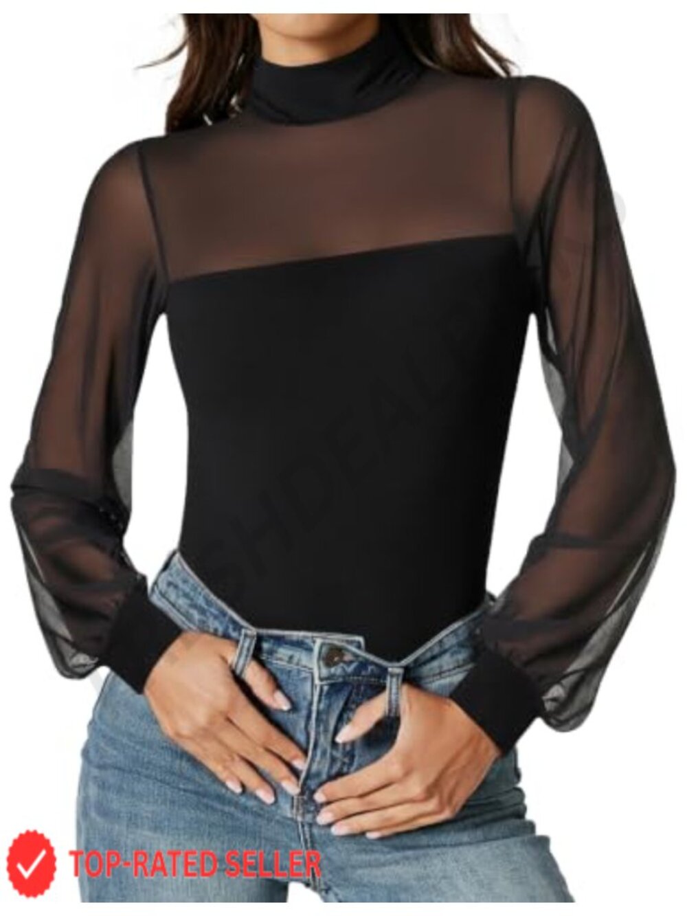 Women's Mesh Turtleneck Long Sleeve Bodysuit Thong Snap Closure